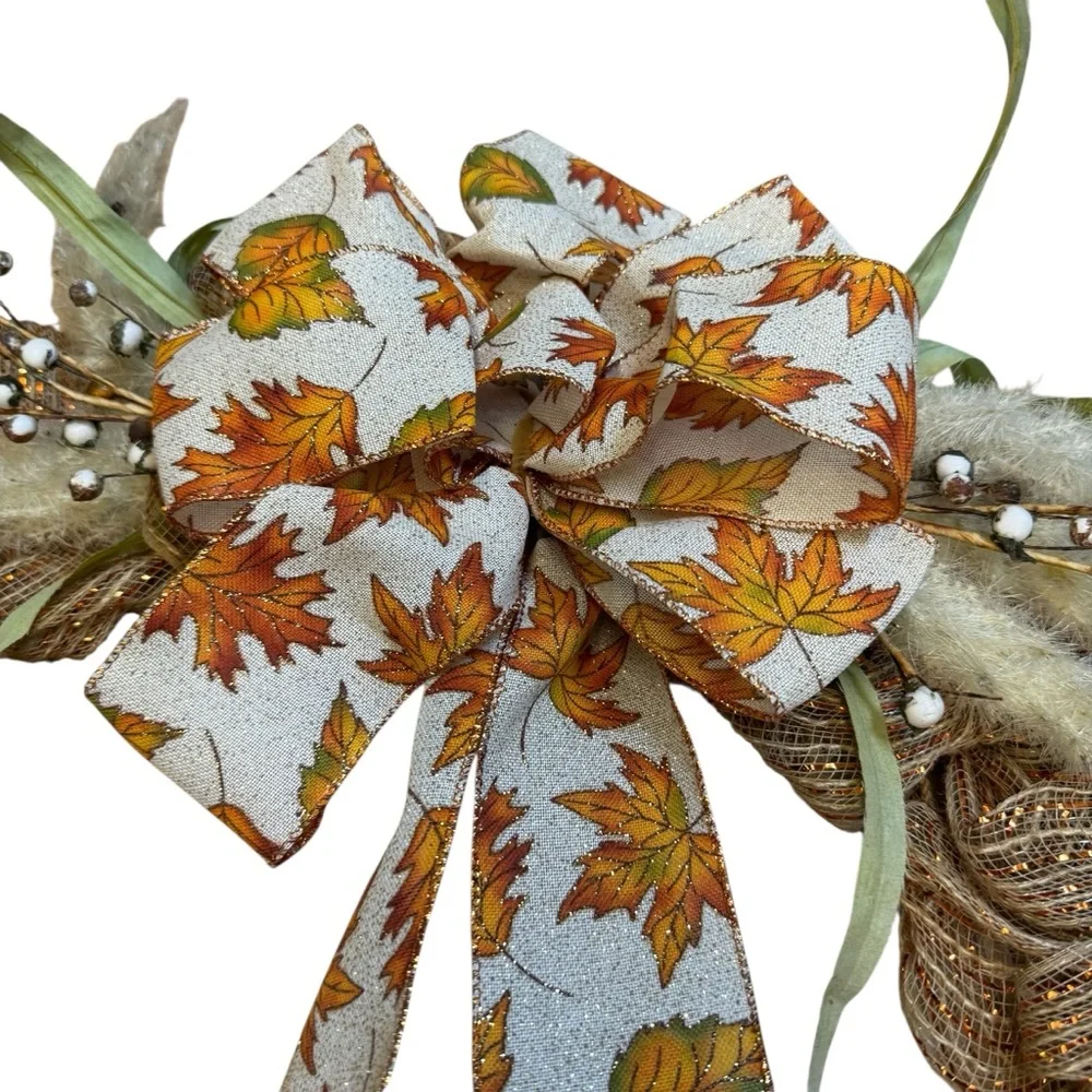 Handmade Rustic Fall Harvest Deco Mesh Wreath Faux Grass & Leaf Bow 22 inches